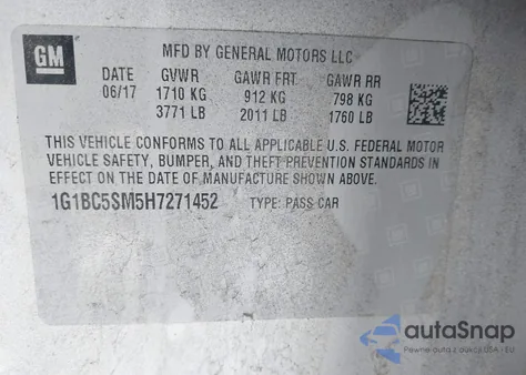 2017 Chevrolet Cruze Ls Auto z USA, uszkodzony, nr VIN 1G1BC5SM5H7271452